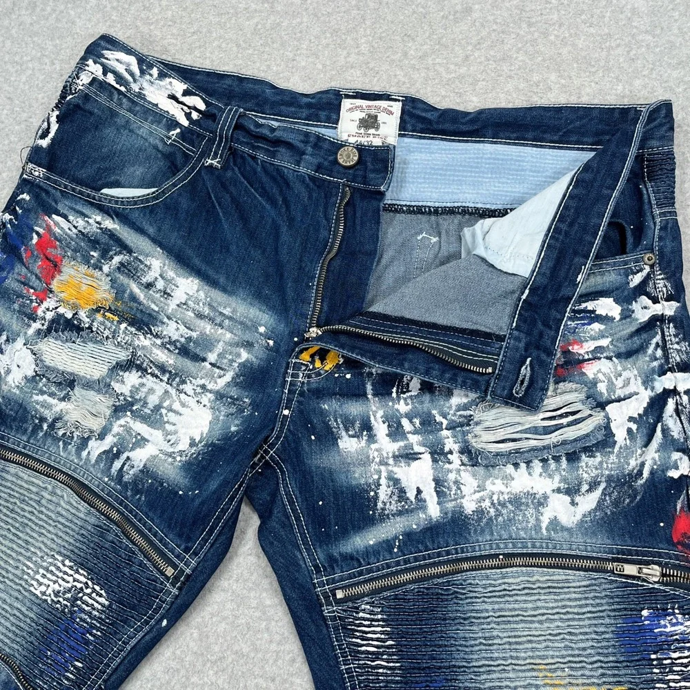 Smoke Rise Denim Jeans Mens 44 (43x32) Blue Paint Splatter Distressed Streetwear - Picture 10 of 13